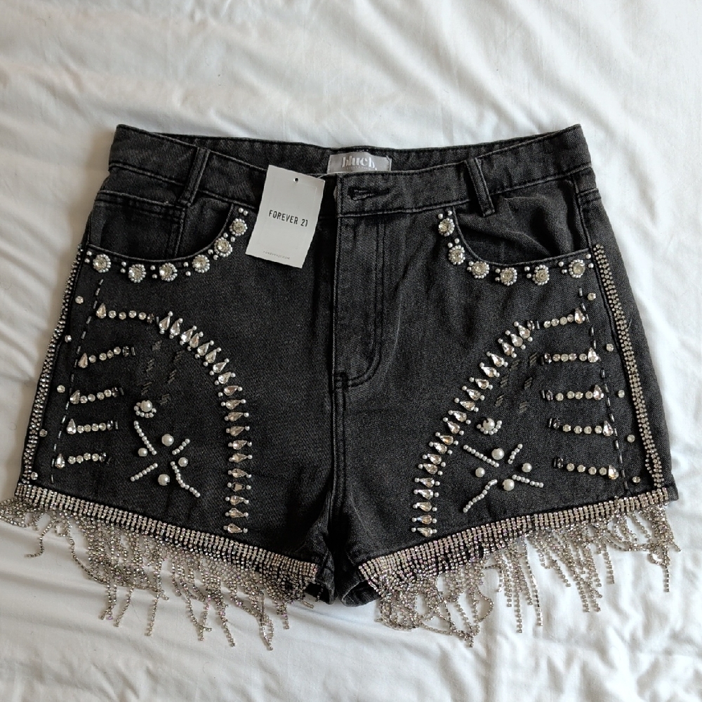 Forever 21 Black Jeweled Fringe Denim Shorts